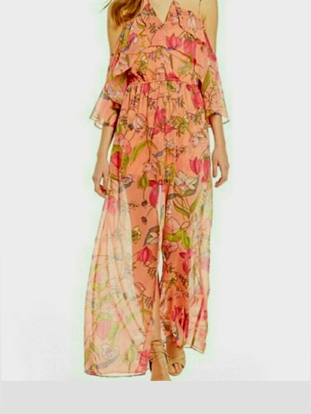 Gianni Bini Peach Floral Cold-Shoulder Romper Jumpsuit